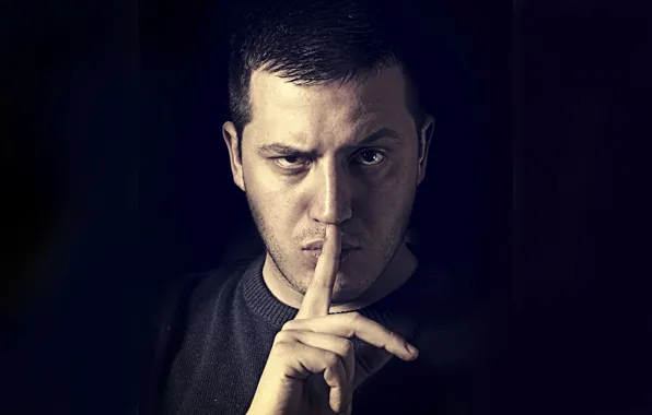 Silence, man, face, fingers
