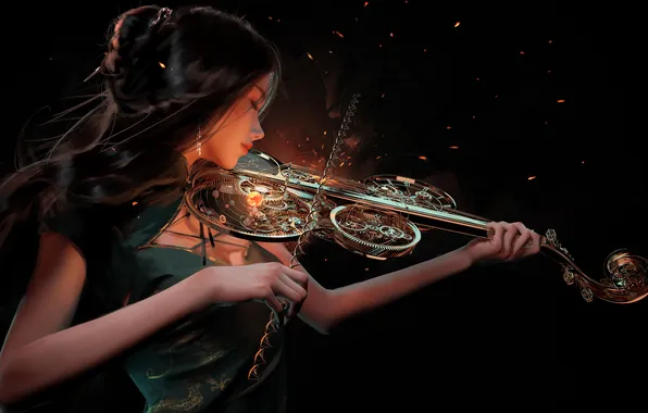 Picture Fantasy, Princess, WLOP, Fantasy girl, Black Dark, Playing violin