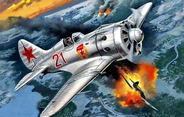 Picture art, The great Patriotic war, fighter-monoplane, piston, single-engine, I-16 type 24, WWII, THE RED ARMY …