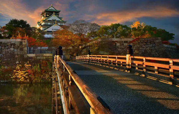 Autumn, trees, landscape, sunset, bridge, nature, castle, Japan