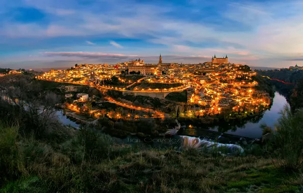 The city, lights, the evening, Spain, Toledo, the Tagus river