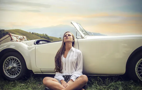 Machine, girl, pose, stay, makeup, hairstyle, outfit, suitcase