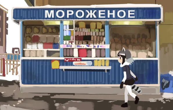 Winter, anime, ice cream, Russia, neko, kiosk