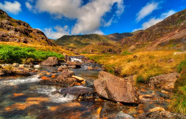 The sky, clouds, mountains, river, stones, stream, UK, Snowdonia