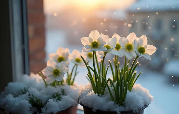 Picture winter, snow, flowers, spring, flowers, winter, snow, spring