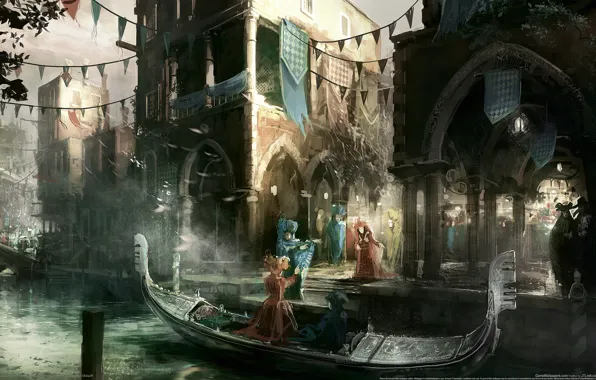The city, people, boat, channel, assassins creed, Venezia