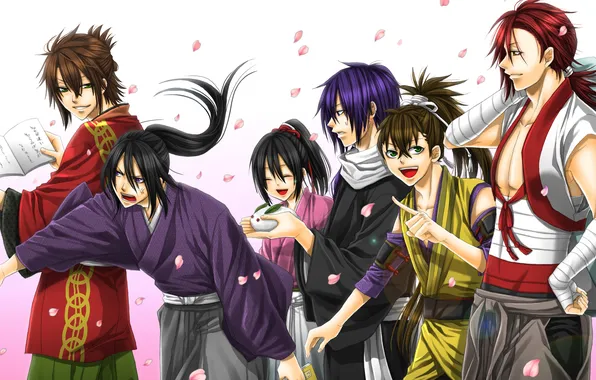 Picture art, Anime, guys, samurai, Tidzuru Yukimura, Okita Souji, Saitou Hajime, Shinsengumi Demons Sakura