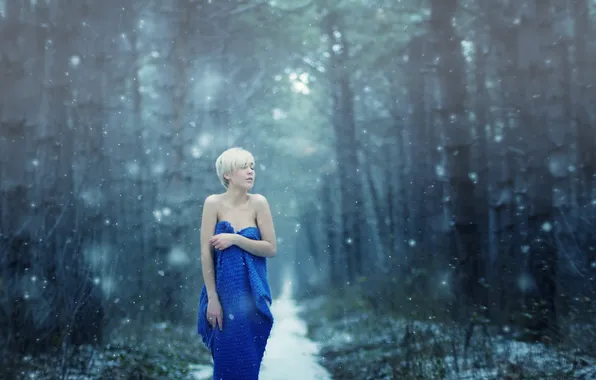 Winter, forest, girl, snow, Evgenia Galan