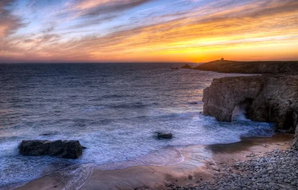 Sea, landscape, sunset, rocks