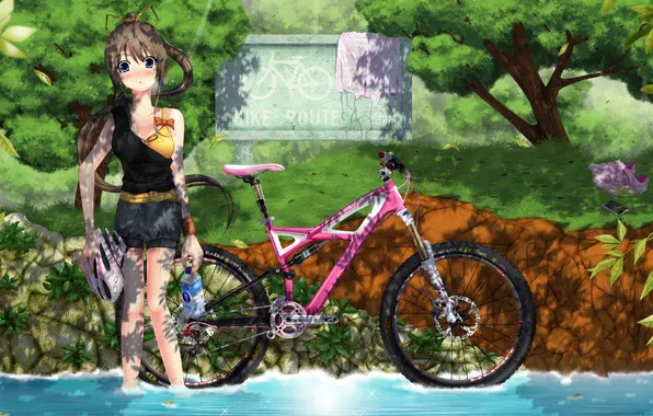 Summer, water, girl, trees, bike, river, bottle, wet