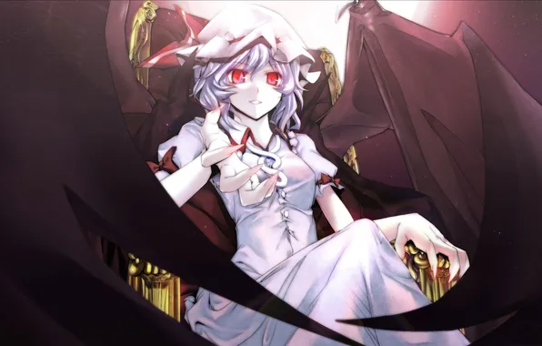 Picture smile, wings, vampire, sitting, red eyes, touhou, the throne, remilia scarlet