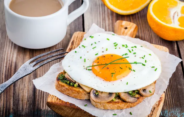 Mushrooms, coffee, oranges, Breakfast, Cup, scrambled eggs, breakfast, toast