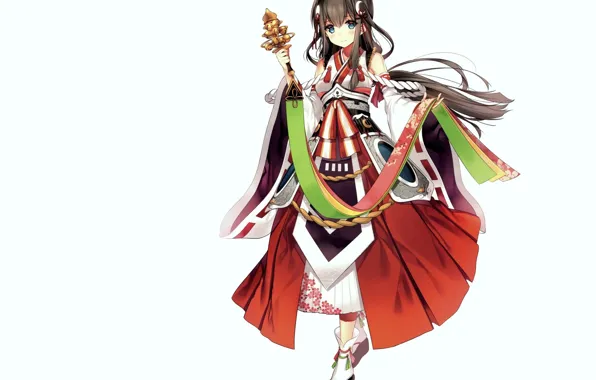 White background, blue eyes, priestess, long hair, Japanese clothing, bells, geta, by Necomi
