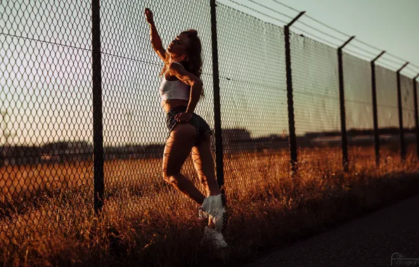 Picture field, grass, girl, the sun, sexy, pose, model, the fence