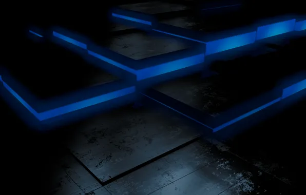 Black, blue, cubes, floor, dark background, jumps, fluorescent