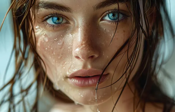 Picture look, water, girl, drops, squirt, close-up, face, portrait