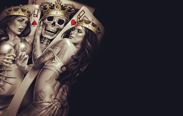 Sake, Queen, Cup, poker, bones, tattoos, Crown, King