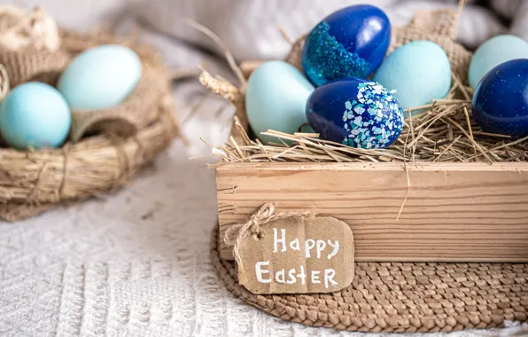 Table, holiday, eggs, spring, blue, Easter, fabric, straw