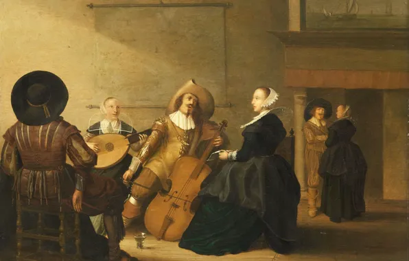 People, tree, oil, picture, genre, Peter Simons Of The Potter, Company playing music in the …