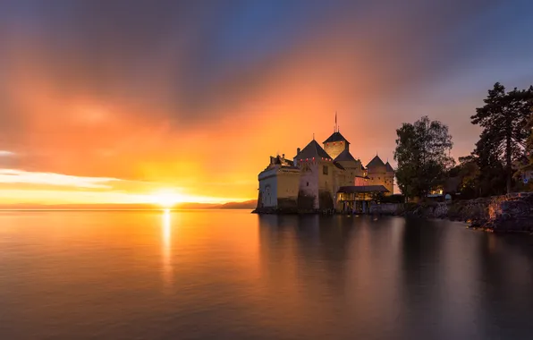 The sky, the sun, clouds, light, sunset, lake, castle, shore