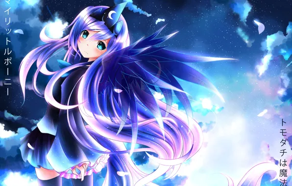Picture the sky, girl, stars, clouds, anime, petals, art, my little pony