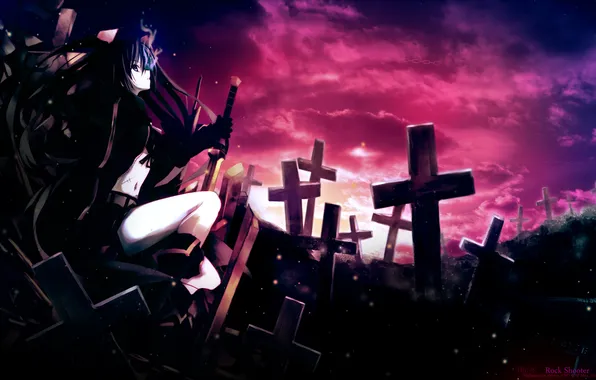 Picture sunset, crosses, cemetery, Black Rock Shooter