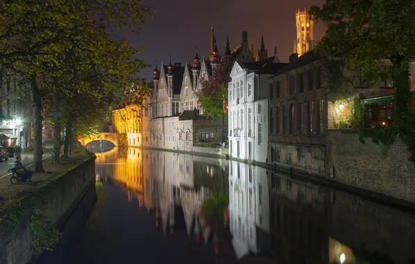 Night, bridge, lights, home, channel, Belgium, Bruges