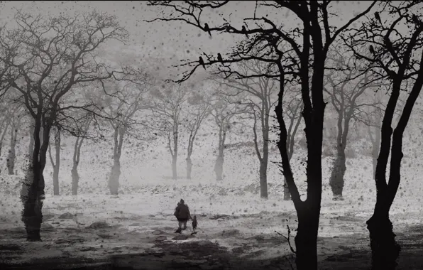 Forest, trees, people, painted landscape