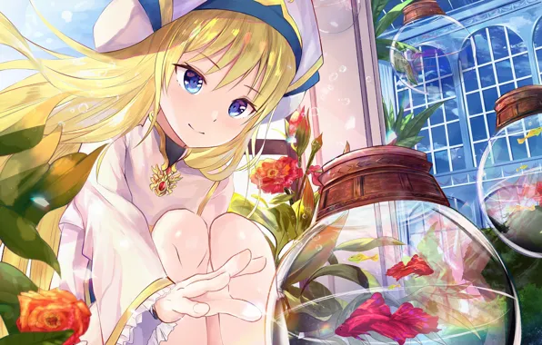 Girl, flowers, smile, aquarium, roses, fish, girl, Goblin Slayer
