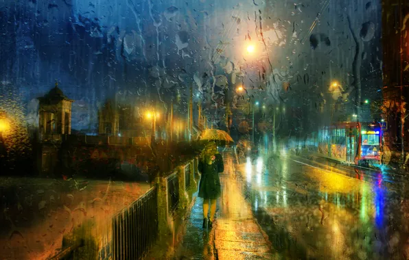 Road, glass, girl, drops, light, night, the city, rain