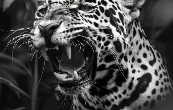 Picture Leaves, Jaguar, Fangs, Face, Predator, Digital art, Black and white, Big cat