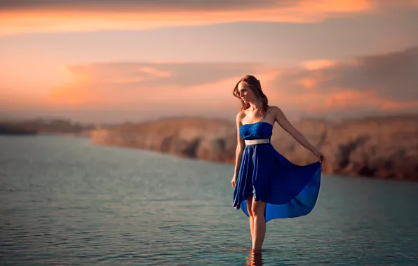 Picture girl, dress, in the water, In the blue
