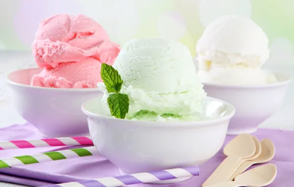Summer, ice cream, spoon, mint leaves