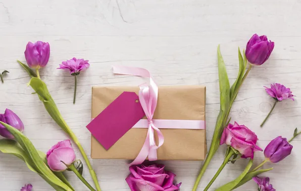Picture love, flowers, gift, roses, petals, tulips, love, pink