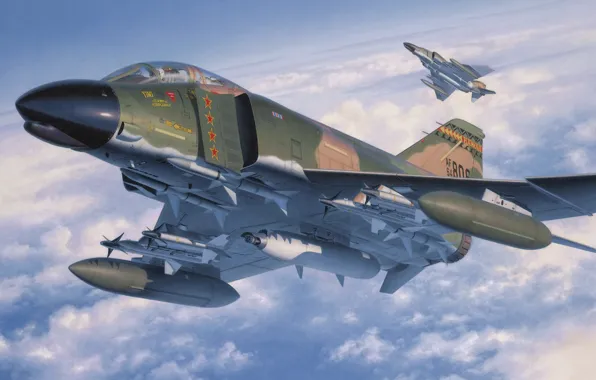 Picture fighter, war, art, painting, aviation, jet, McDonnell Douglas F-4 Phantom II
