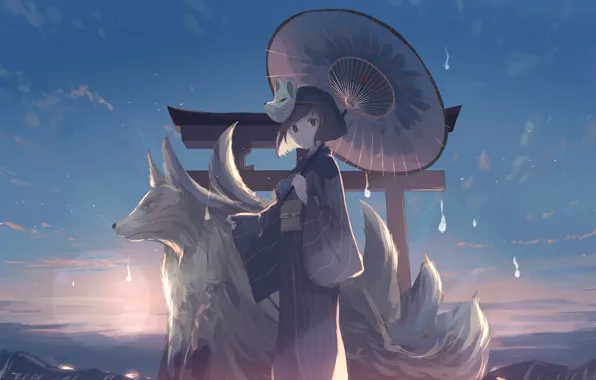 Picture the sky, girl, clouds, sunset, mountains, nature, wolf, anime