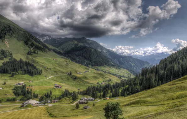 Picture forest, clouds, trees, landscape, mountains, home