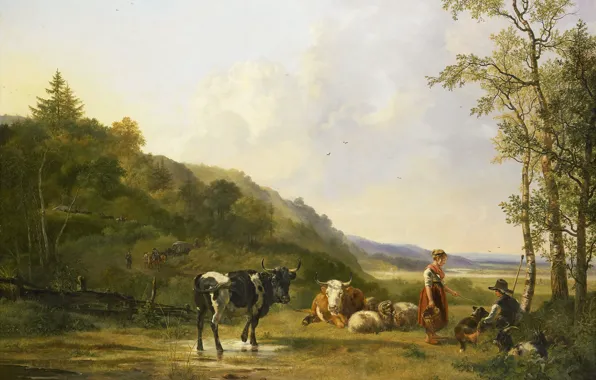 Animals, oil, picture, canvas, Pieter Gerardus van OS, Landscape with Shepherds and Cattle
