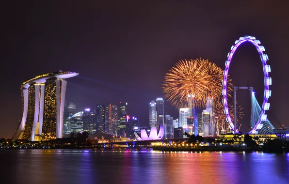 The sky, clouds, night, lights, lights, reflection, holiday, skyscrapers