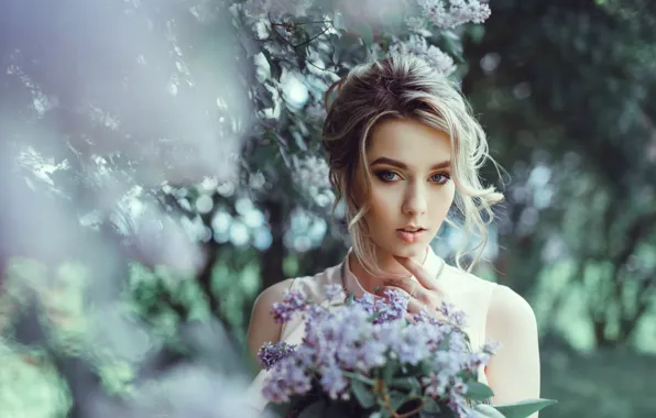Picture girl, tenderness, spring, blonde, lilac
