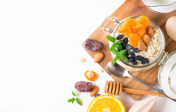 Orange, almonds, raisins, dried apricots, dried fruits, dates, oatmeal