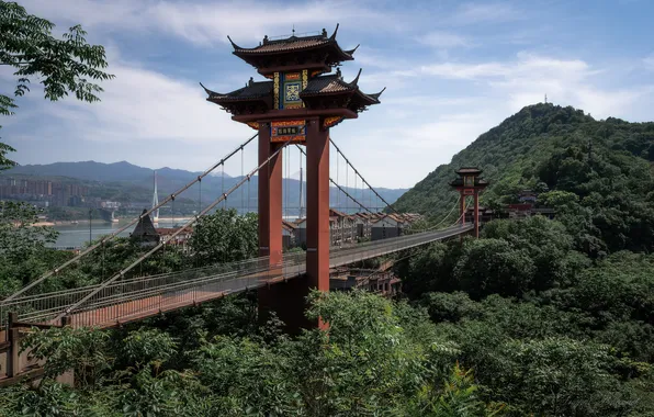 The sky, trees, China, Vasiliev Andrey, Bridge in Fengdu City, architecture, Fandu