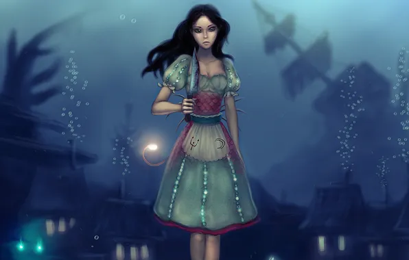 Bubbles, blood, the game, dress, art, Alice, knife, under water