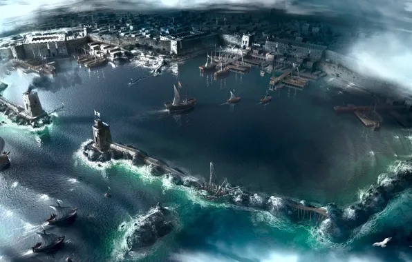 Sea, the city, ships, port, assassins creed, acres