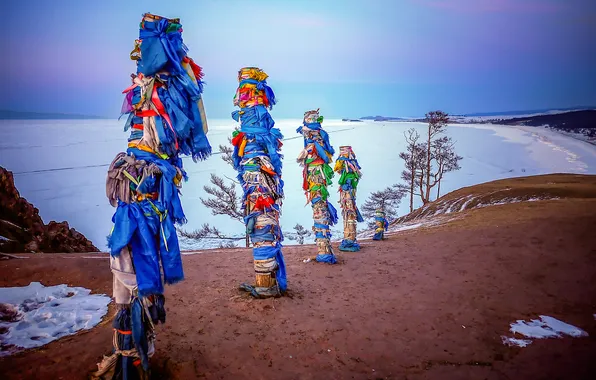 Winter, the sky, lake, tape, posts, island, Baikal, shaman