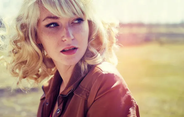 Look, girl, jacket, blonde, freckles, blue-eyed