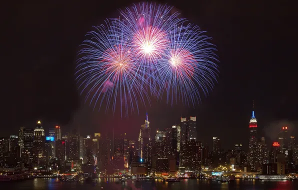 The sky, night, the city, skyscrapers, salute, megapolis, the fireworks