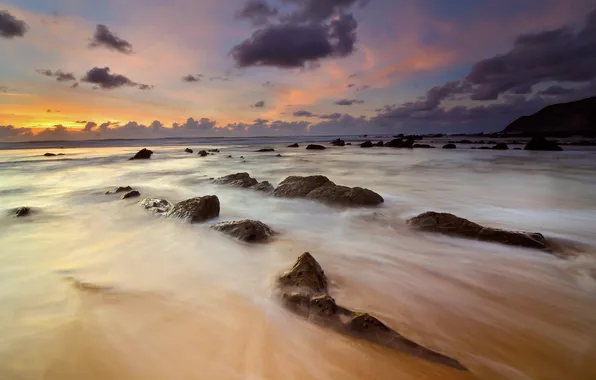 Picture sea, beach, sunset, stones