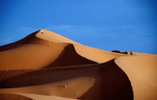 Sand, the sky, people, desert, barkhan