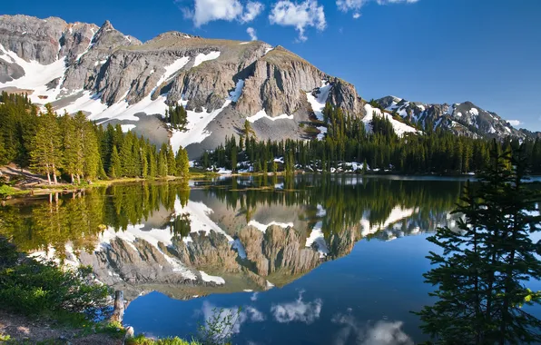 Trees, mountains, lake, reflection
